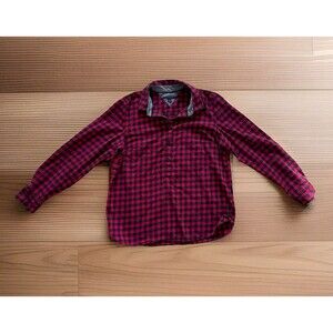 Tommy Hilfiger Womens Large Flannel Blouse Plaid Pullover Half Button Red Navy